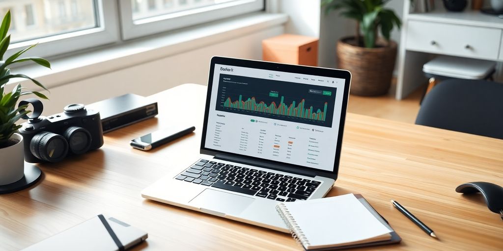 Desk with laptop, notepad, and tech gadgets for monitoring.