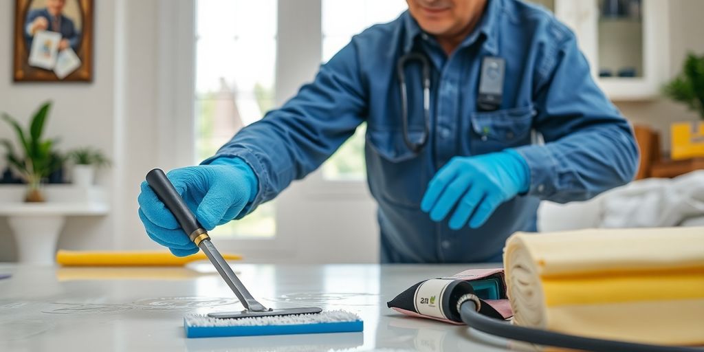 Technician working on home restoration with tools and equipment.