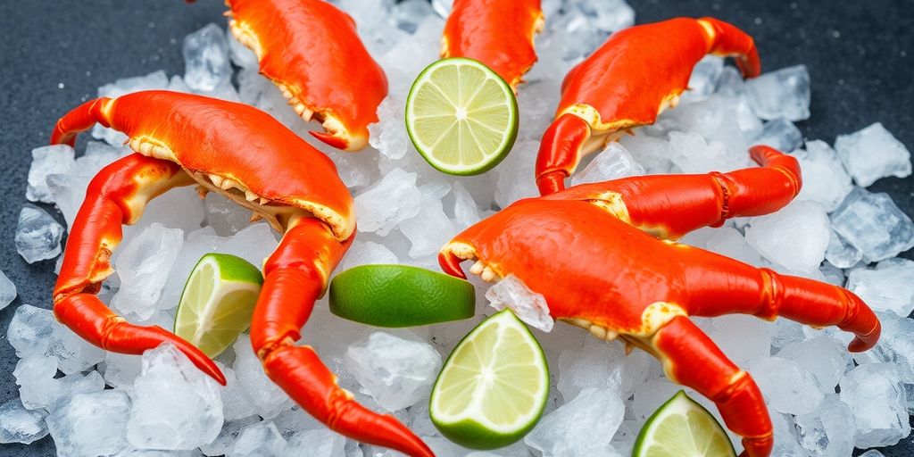 Boiled stone crab claws on ice with lemon.