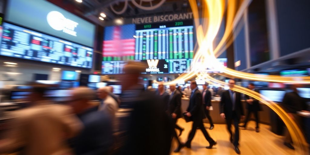 Trading floor activity with blurred figures and light trails.