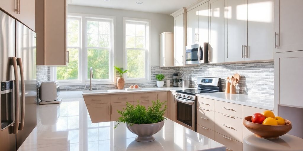 Modern kitchen with sleek design and bright lighting.