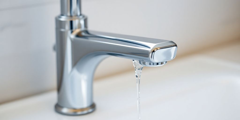 Modern chrome faucet over a white sink.