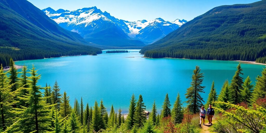 Alaska in July with mountains, lakes, and outdoor activities.