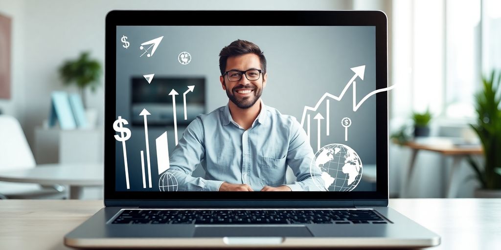 Laptop with remote work, money, and success imagery.