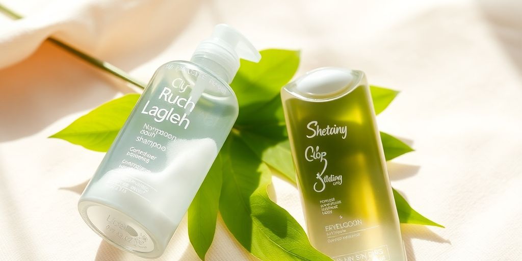 Flasche Shampoo mit Schaum neben grünen Blättern.