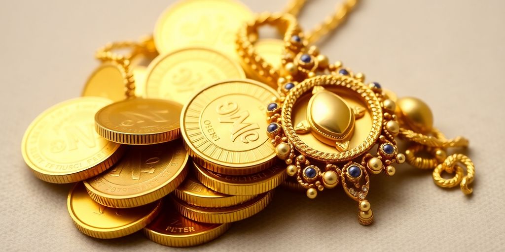 Une main tenant des pièces d'or et des bijoux.