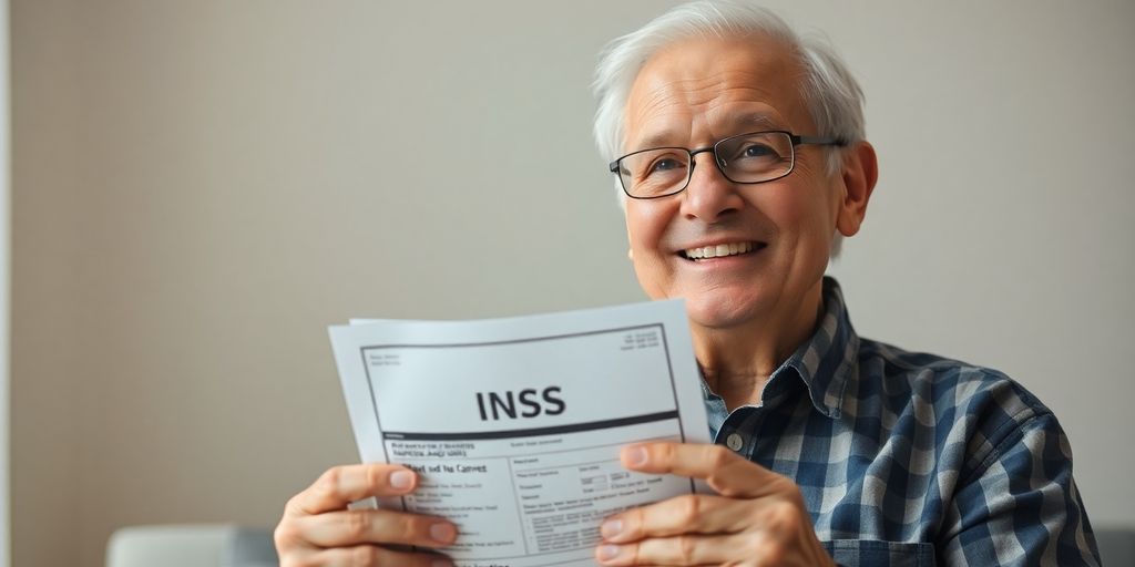Idoso sorridente recebendo documento do INSS.