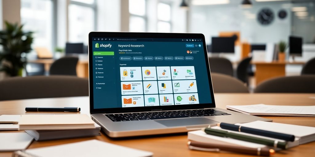 Laptop on a desk with keyword research tools.