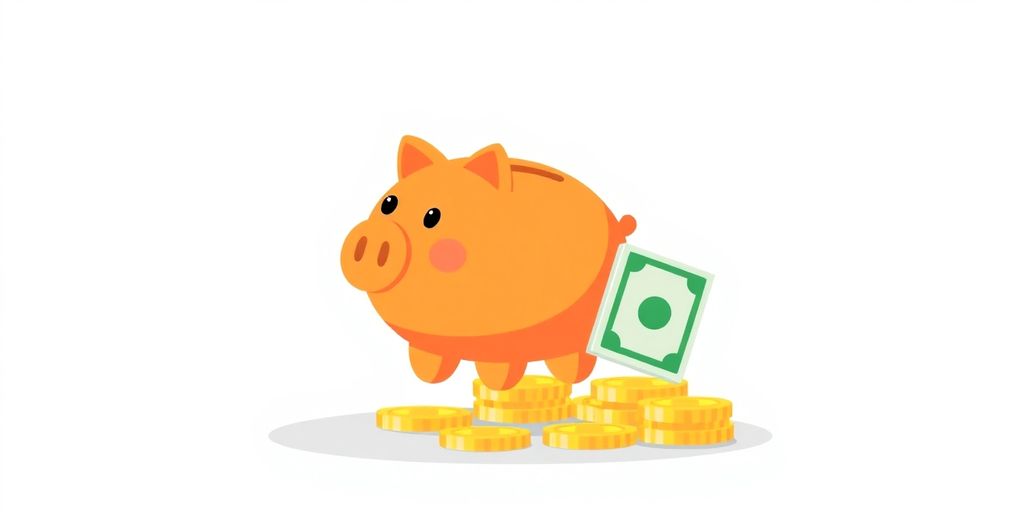 Piggy bank, coins, dollar bills.