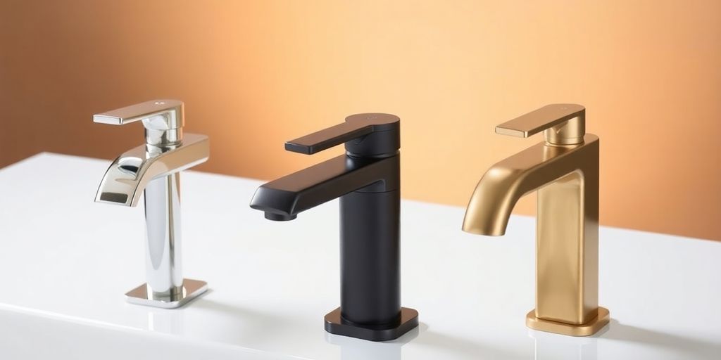 Designer tap sets in matte, chrome, and gold.