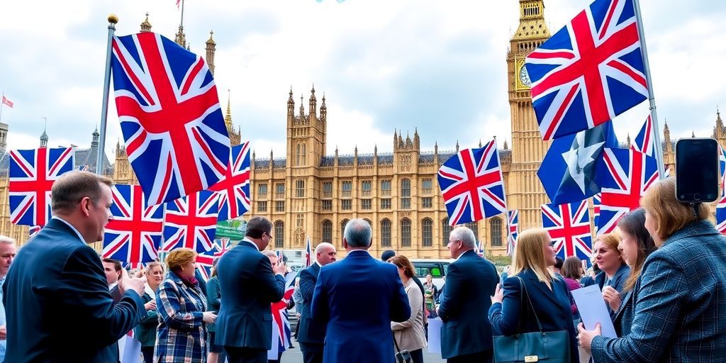 UK politicians discussing cryptocurrency in front of Parliament.