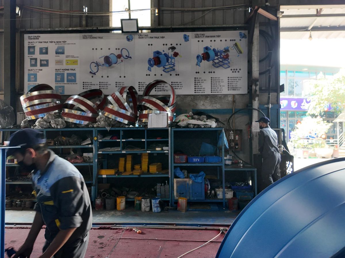 Workshop interior with tools, equipment, and instructional posters.