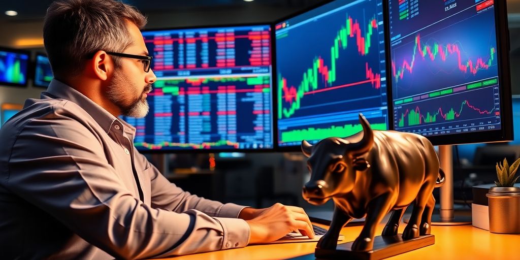 Trader with bull figurine in a modern trading office.