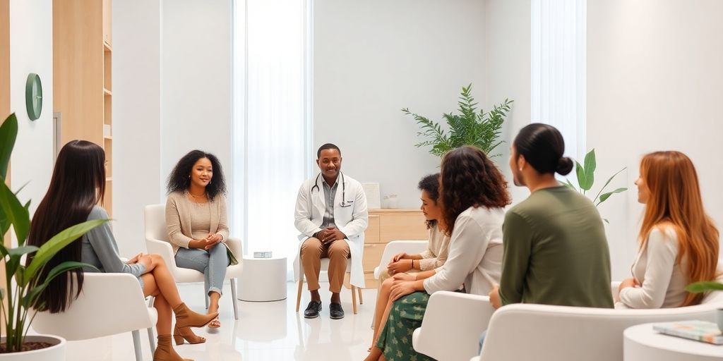 Interior de clínica de bem-estar moderno com pacientes e médico.