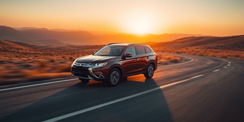 Mitsubishi car on open road, sunset.