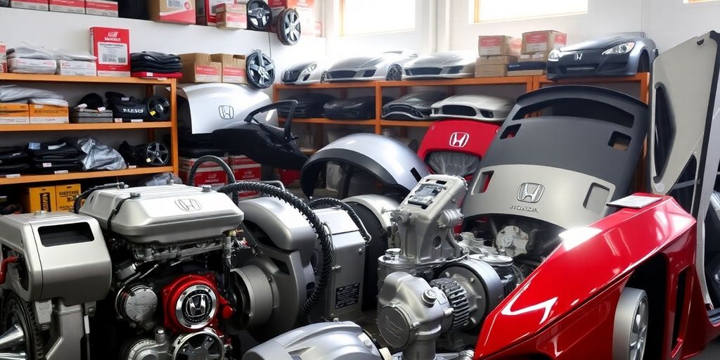 Honda car parts arranged neatly.
