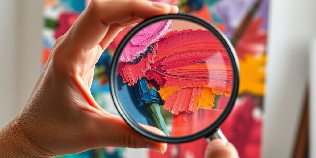 Close-up: hand holding magnifying glass over painting.