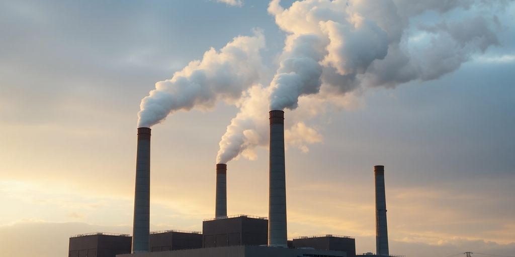 Usine avec fumée, vue de loin.
