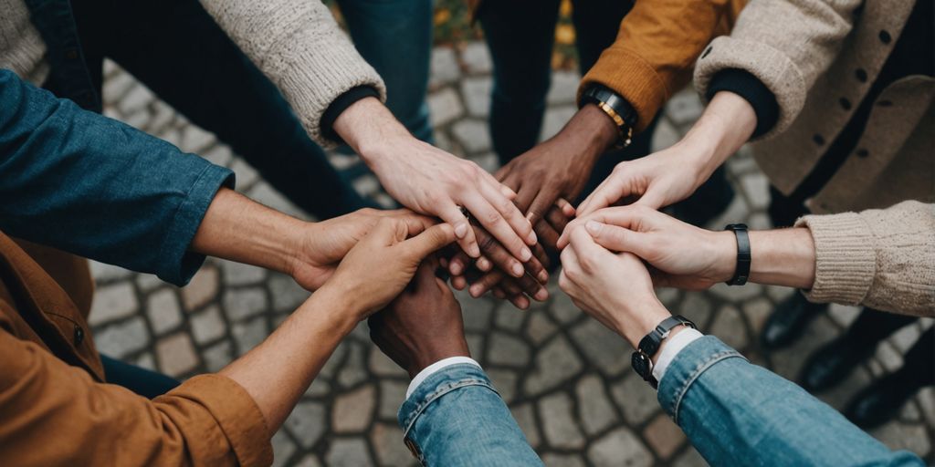Group holding hands in a circle, smiling together.