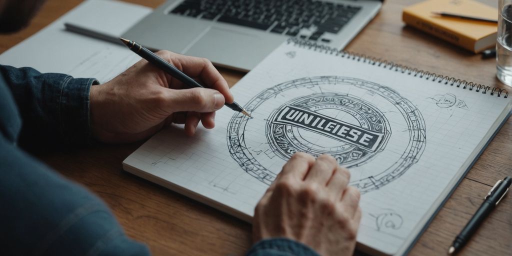 Designer drawing logo ideas on a notepad.