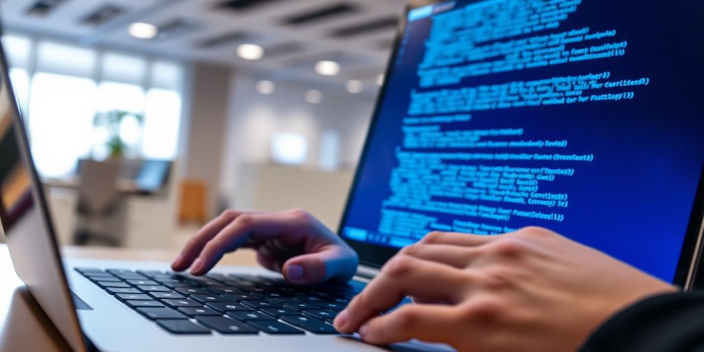 Professional working on blockchain technology.