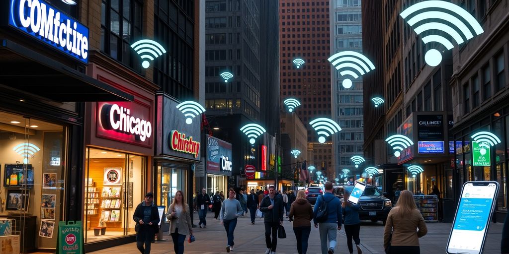Chicago street with small businesses and tech elements