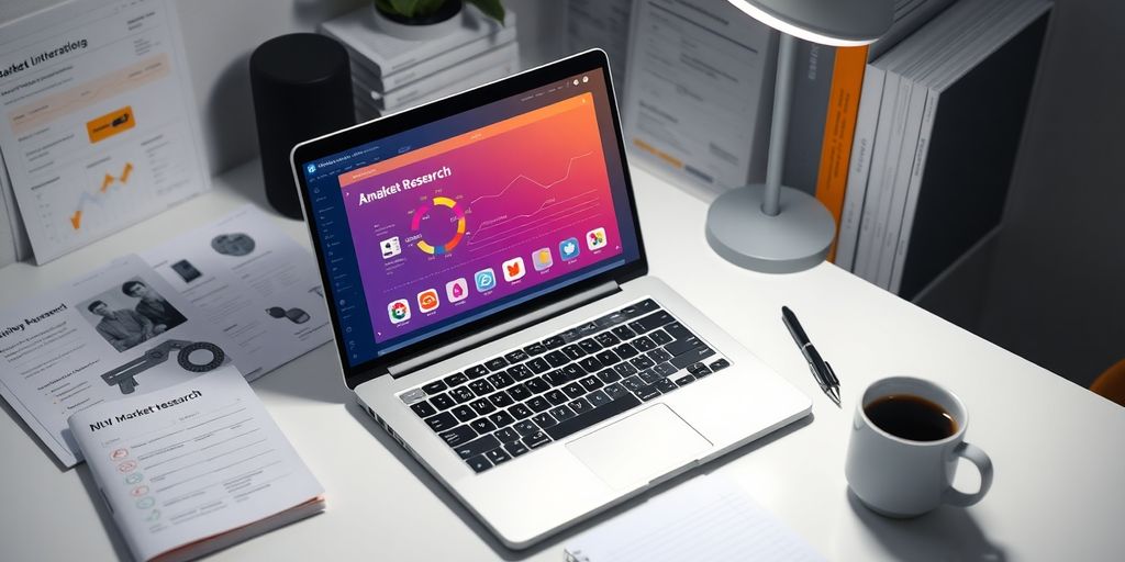 A workspace with a laptop and market research materials.