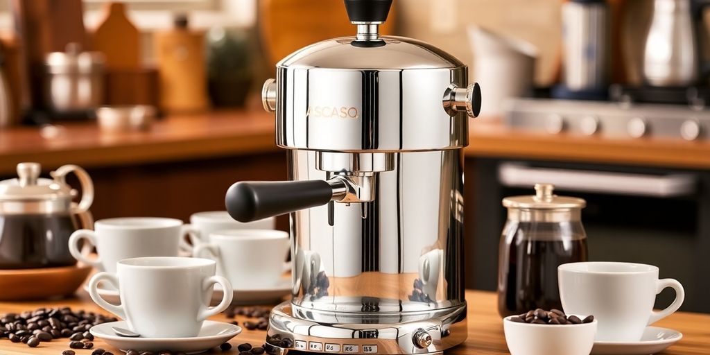 Ascaso Baby T Lever Coffee Maker on a kitchen countertop.