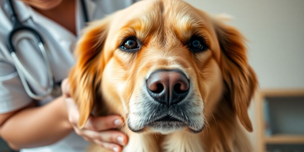 Veterinarian petting happy dog.