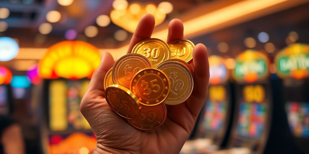 Man winning at Yeet Casino with glowing tokens.