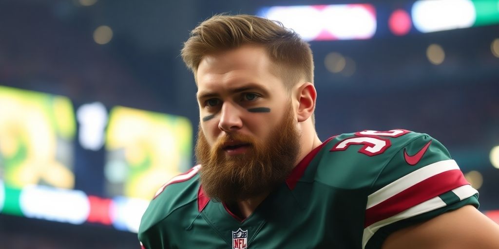 Jason Kelce playing football in his team jersey.