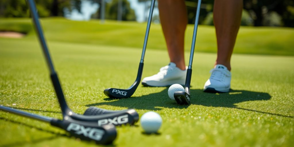Golfer practicing short game with PXG clubs on green.