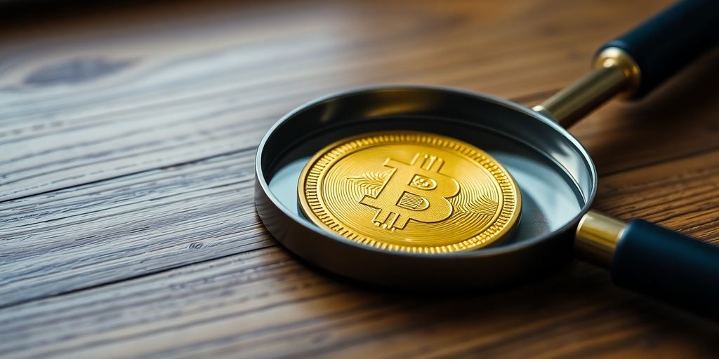 Monnaie en or avec une loupe sur une table en bois.