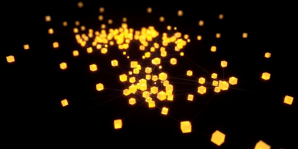 Swarm of interconnected, glowing geometric shapes.