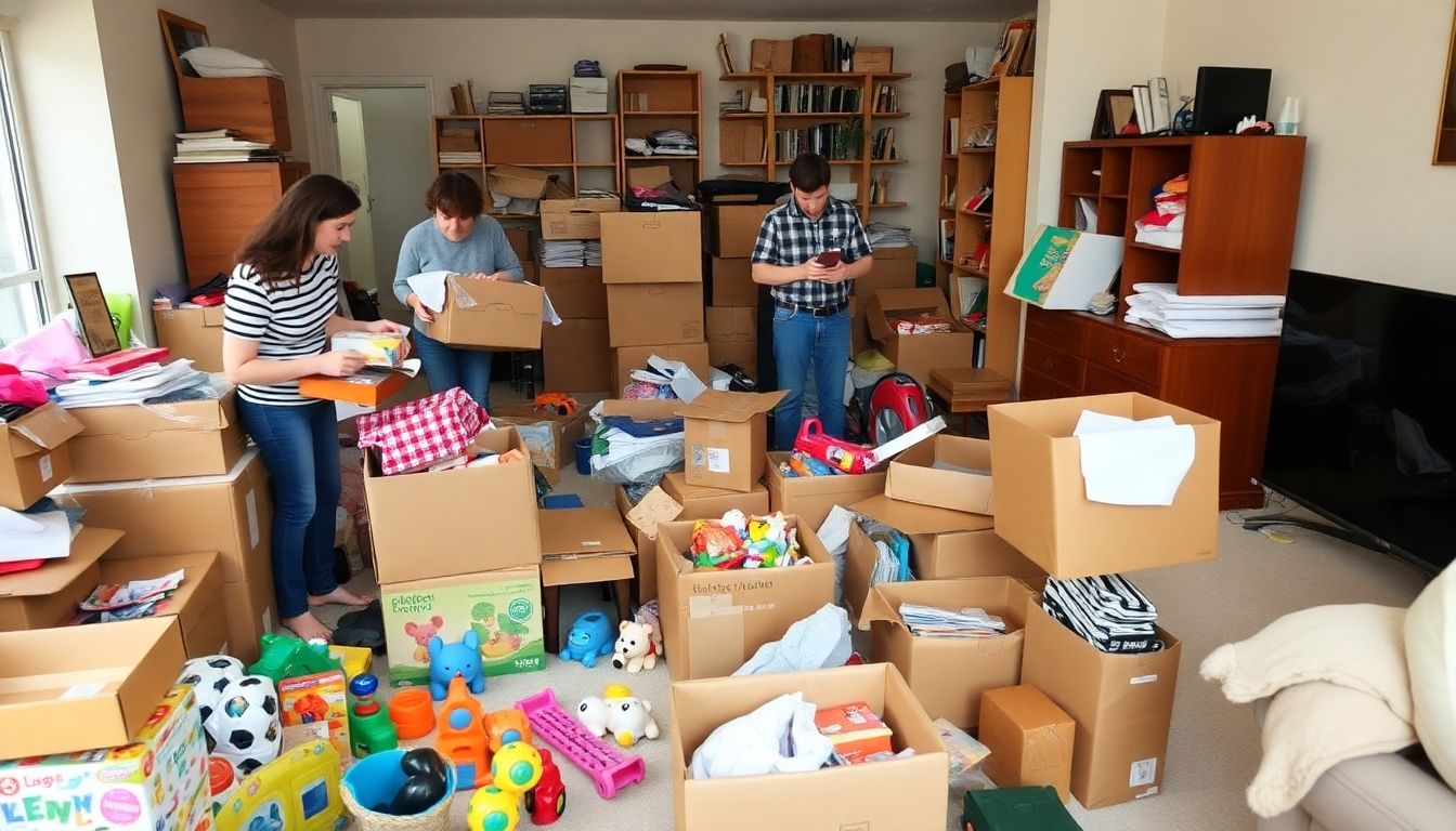 Family clearing clutter in a London home.