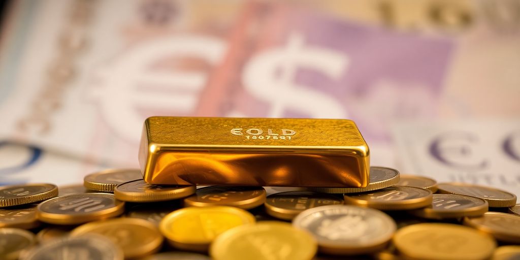 Lingot d'or sur des pièces de monnaie avec des symboles.