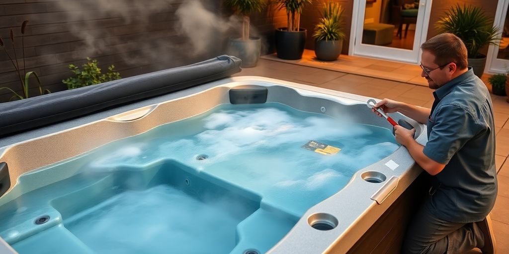 Technician repairing outdoor hot tub on patio with steaming water