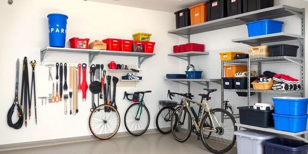 Organized garage with innovative storage racking systems.