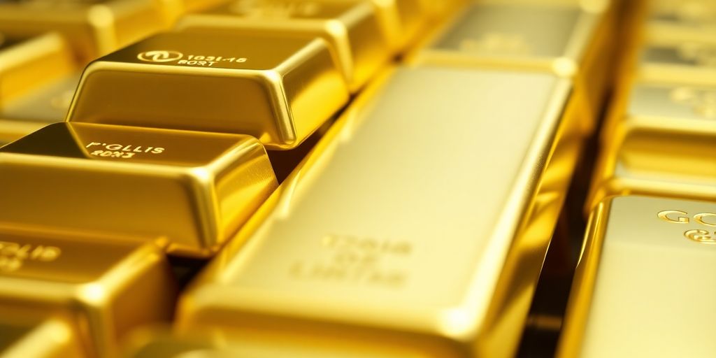 Barres d'or empilées avec un fond flou.