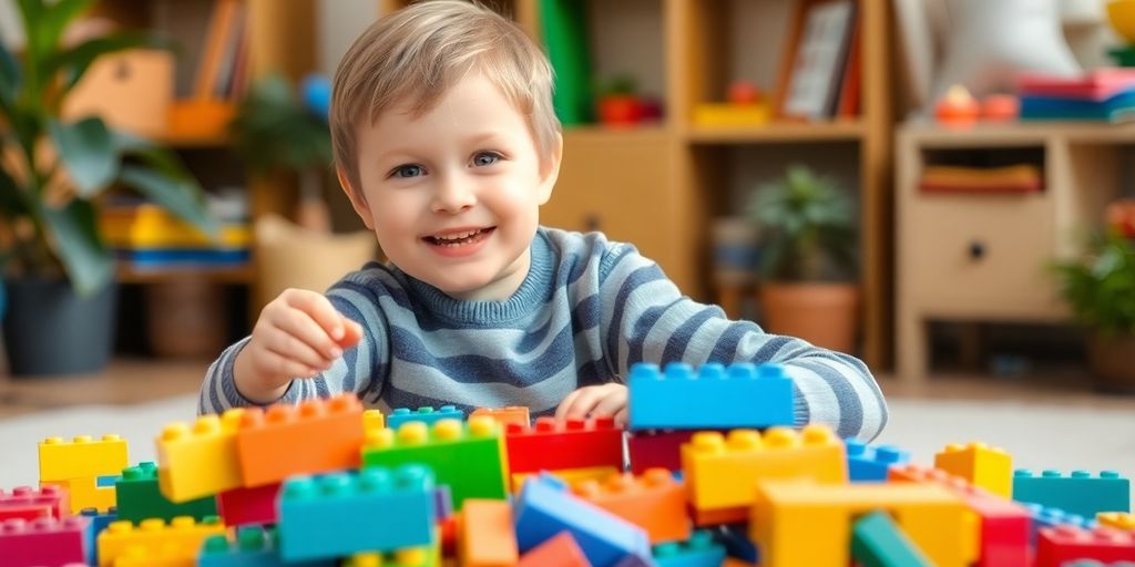 Kids building with colorful blocks on posters.