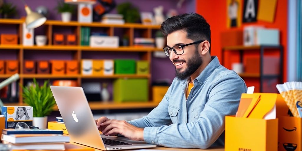 Amazon seller working with products and laptop in workspace.