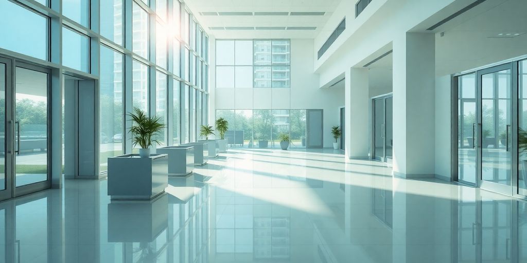 Clean, gleaming office lobby with natural light.