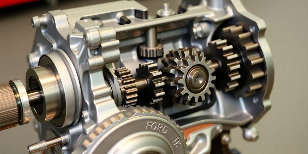 Close-up of a gleaming Ford gearbox assembly.