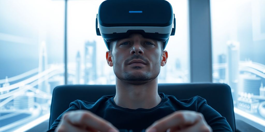 Man in VR headset, cityscape background.