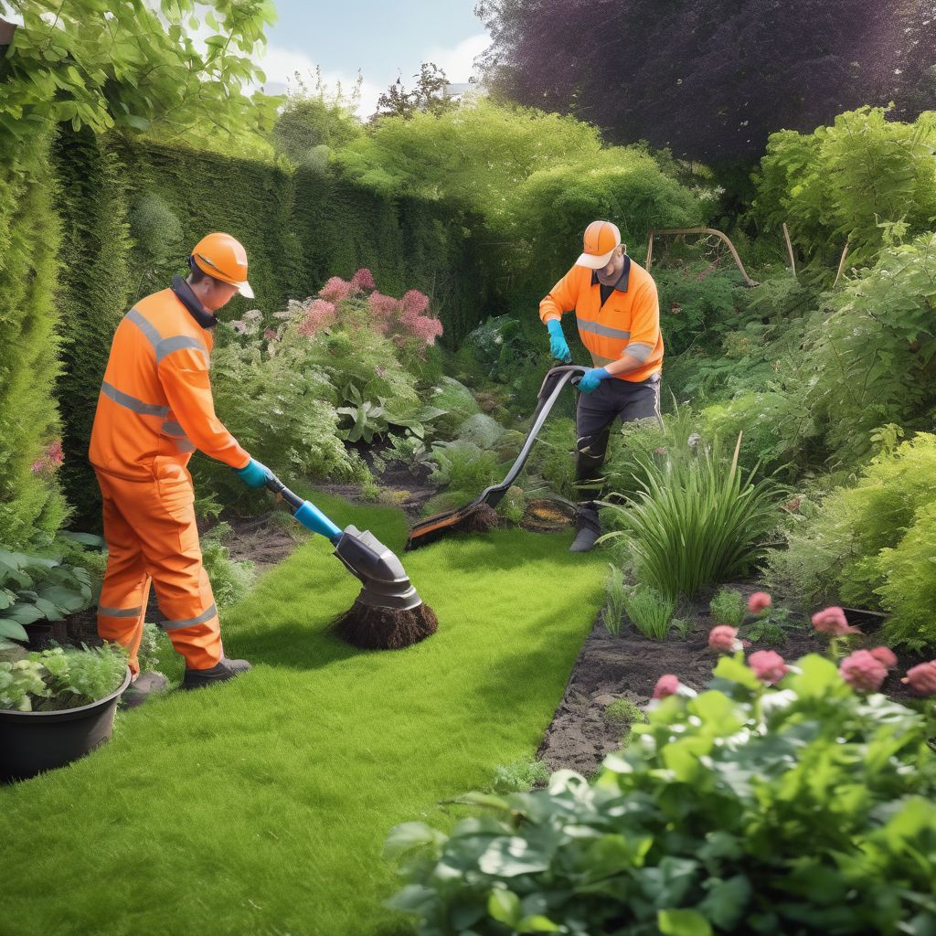 garden clearance service team working in overgrown backyard