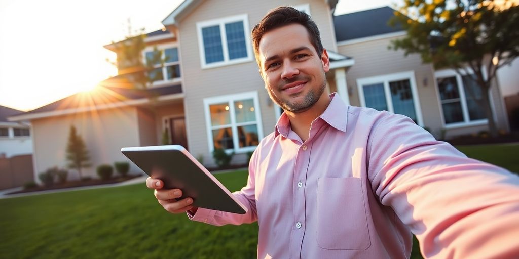 Professional appraiser looking at house.