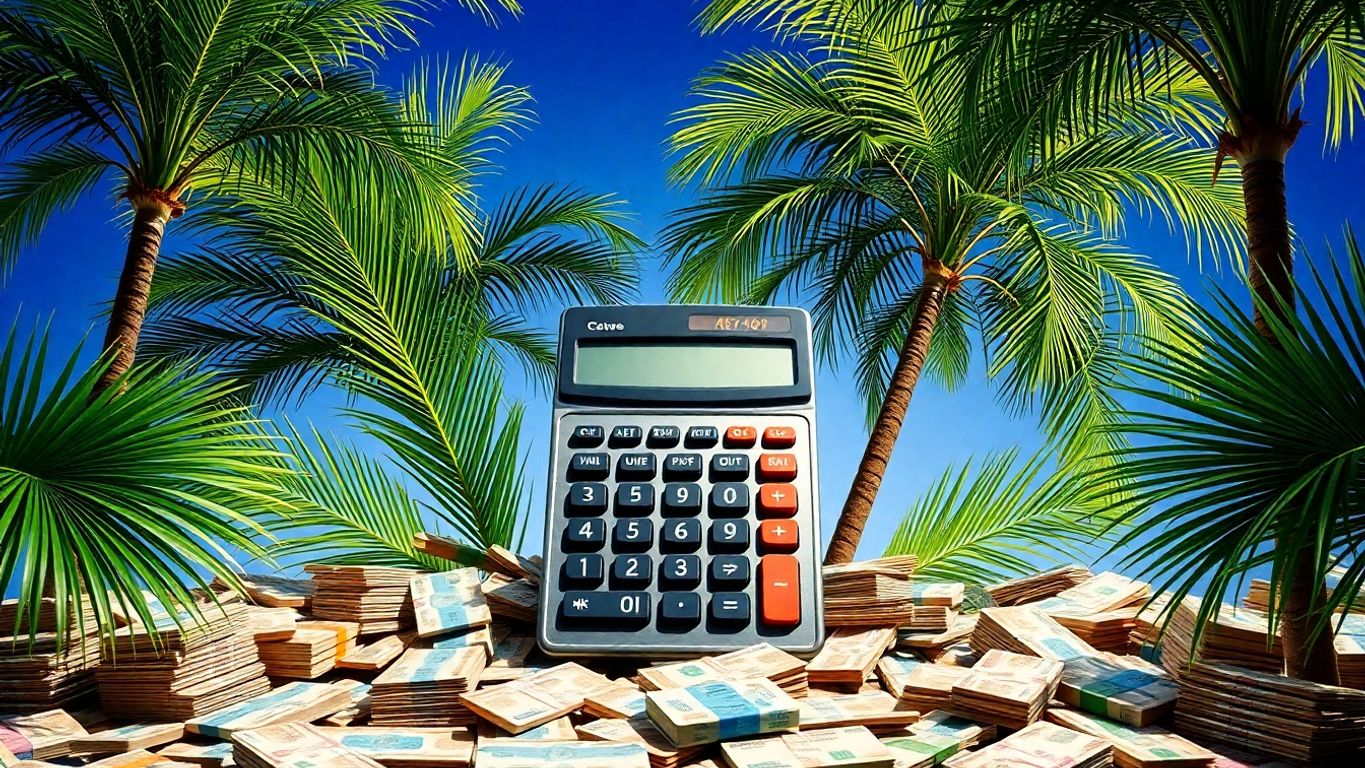 Calculator with palm trees and colorful money.