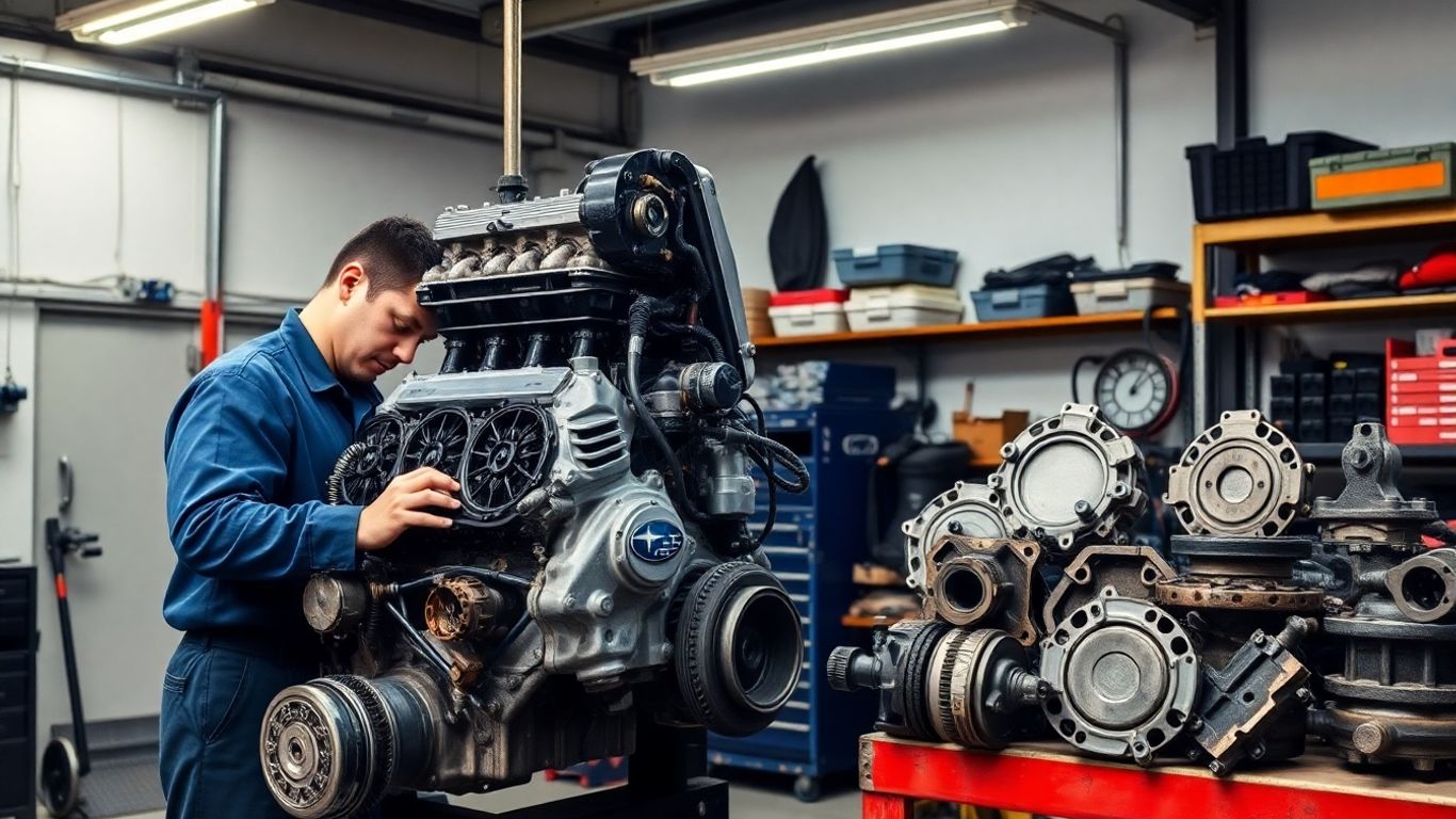 Mechanic inspecting Subaru engine parts in workshop.