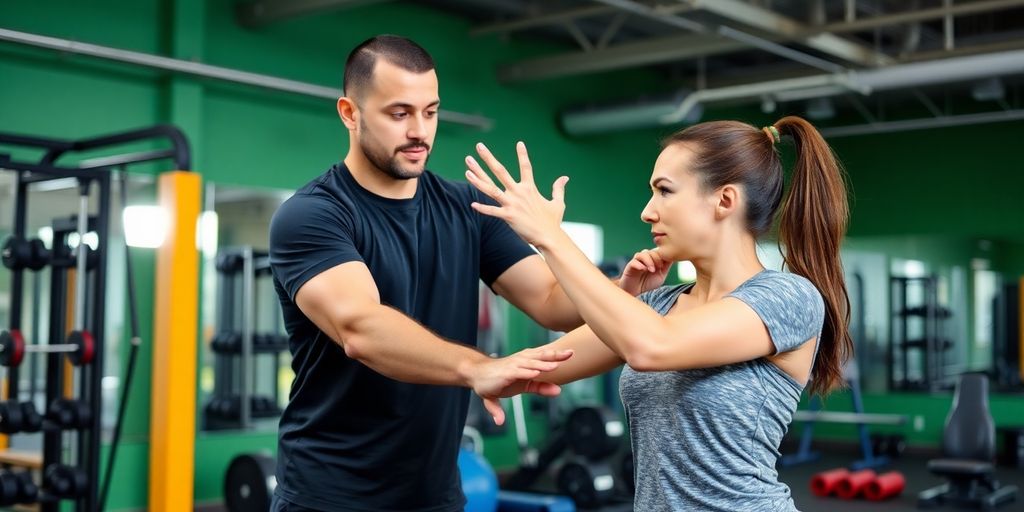 Henkilökohtainen valmentaja opettaa asiakasta kuntosalilla.