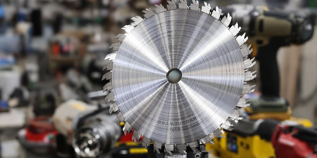 Steel cutter disc with tools in a workshop setting.